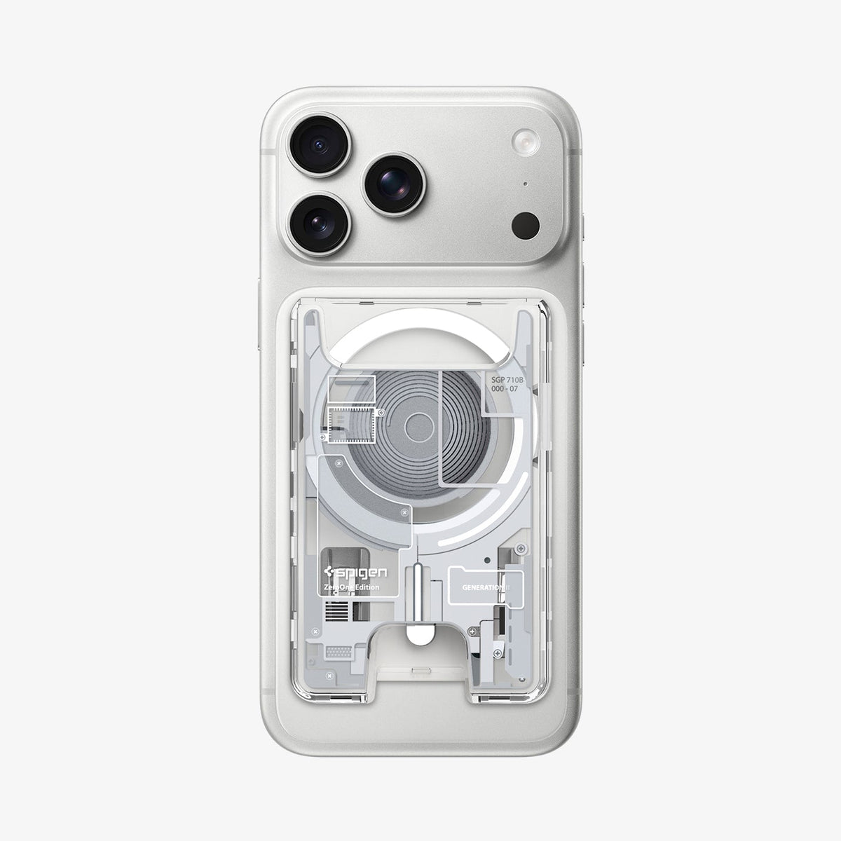 AFA11305 - Ultra Hybrid MagFit card wallet transparent white attached to iPhone showing MagSafe alignment internal circuit inspired design and rear card access cutout