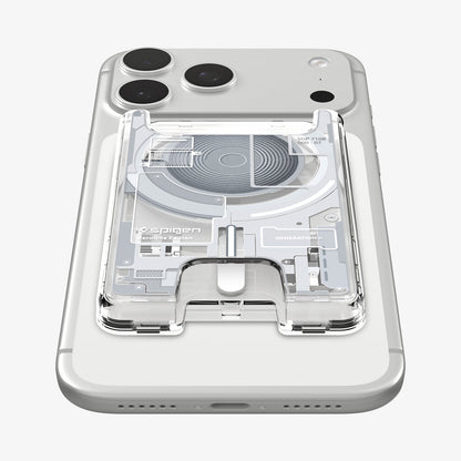 AFA11305 - Ultra Hybrid MagFit card wallet transparent white mounted on iPhone back view showing centered MagSafe alignment precise cutout and exposed Zero One internal circuit design