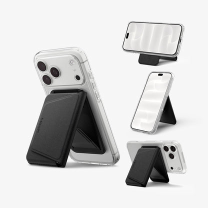 AFA11978 - MagSafe Card Holder Valentinus S-2 (Mag Fit) in Black showing a foldable magnetic wallet attached to a phone in multiple portrait and landscape stand positions.