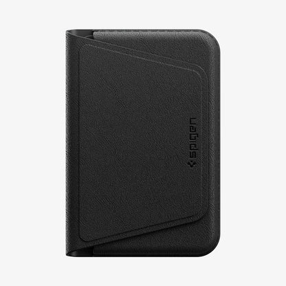 AFA11978 - MagSafe Card Holder Valentinus S-2 (Mag Fit) in Black showing the closed foldable wallet with a textured exterior, front card pocket, and Spigen logo.
