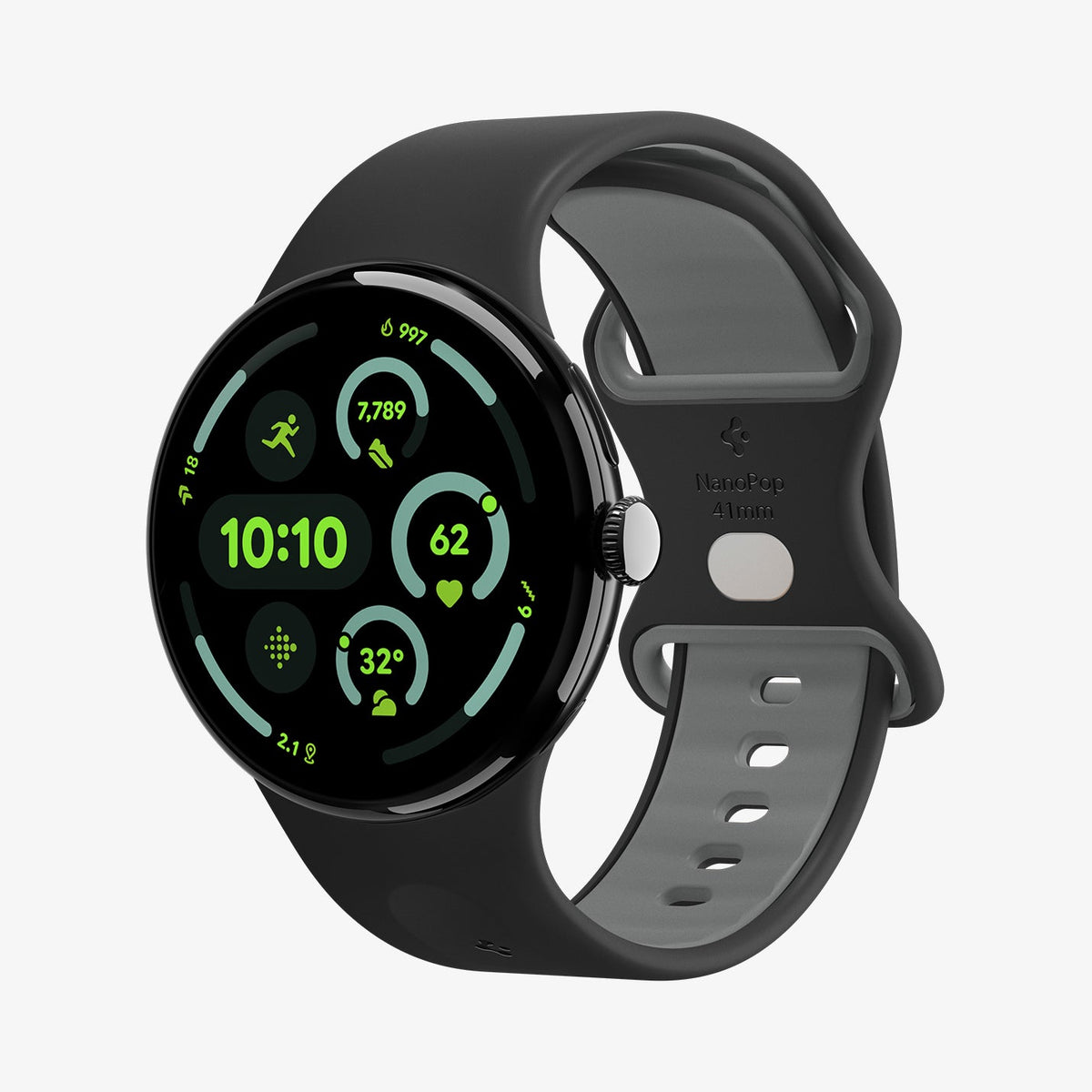 AMP09486 - Pixel Watch 4 (41mm) Nano Pop in Black Sesame showing the front and side