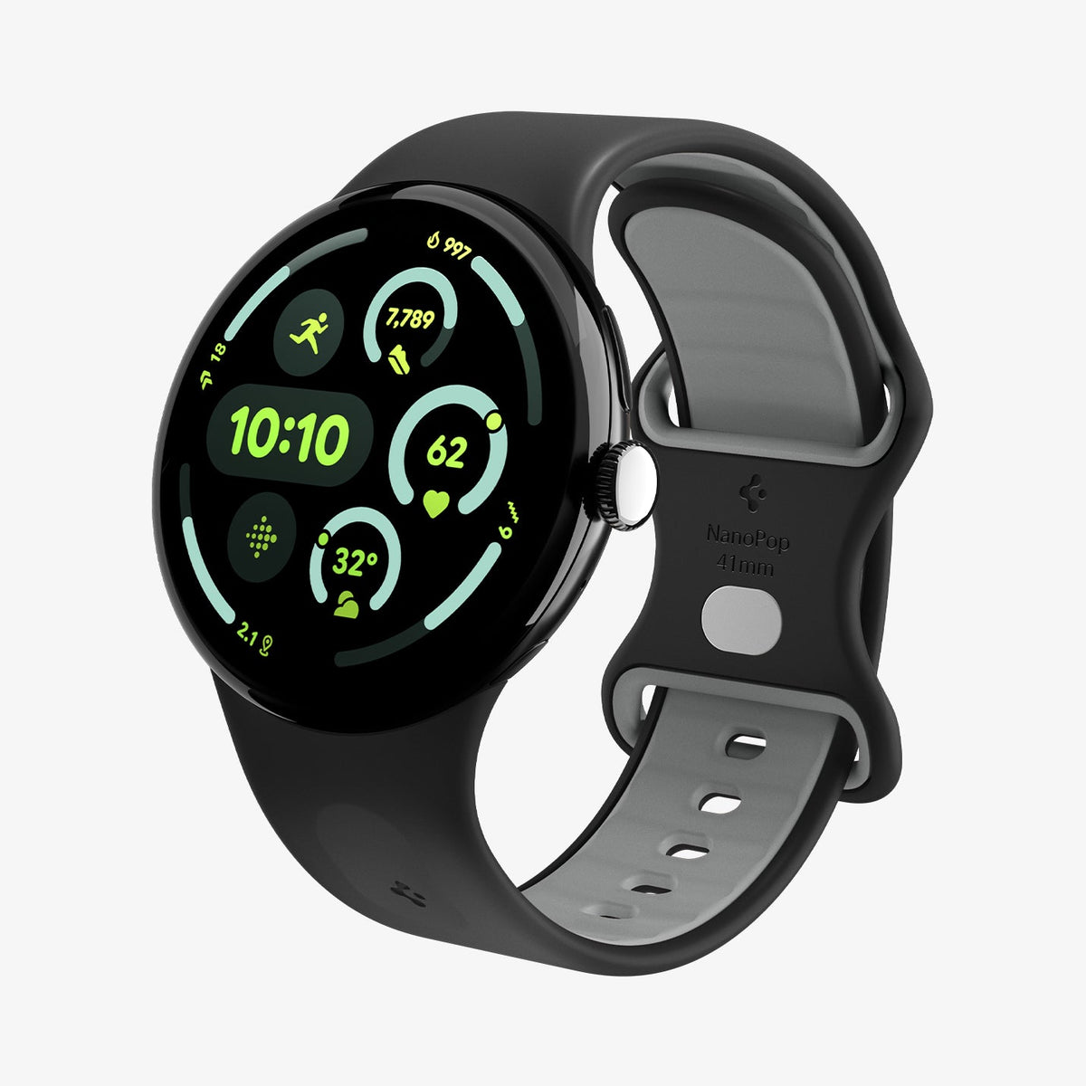 AMP09486 - Pixel Watch 4 (41mm) Nano Pop in Black Sesame showing the front and partial inside of band