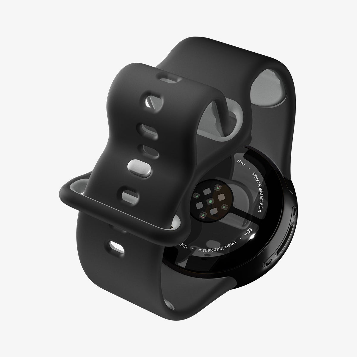 AMP09486 - Pixel Watch 4 (41mm) Nano Pop in Black Sesame showing the back and band bending slightly