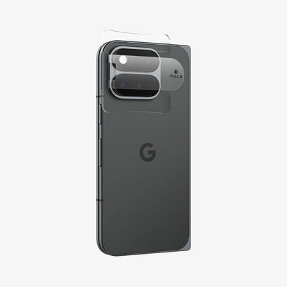 AGL11491 - Pixel 11 Pro Fold Optik EZ Fit Lens Protector alignment tray placed over the camera area for guided lens protector installation.