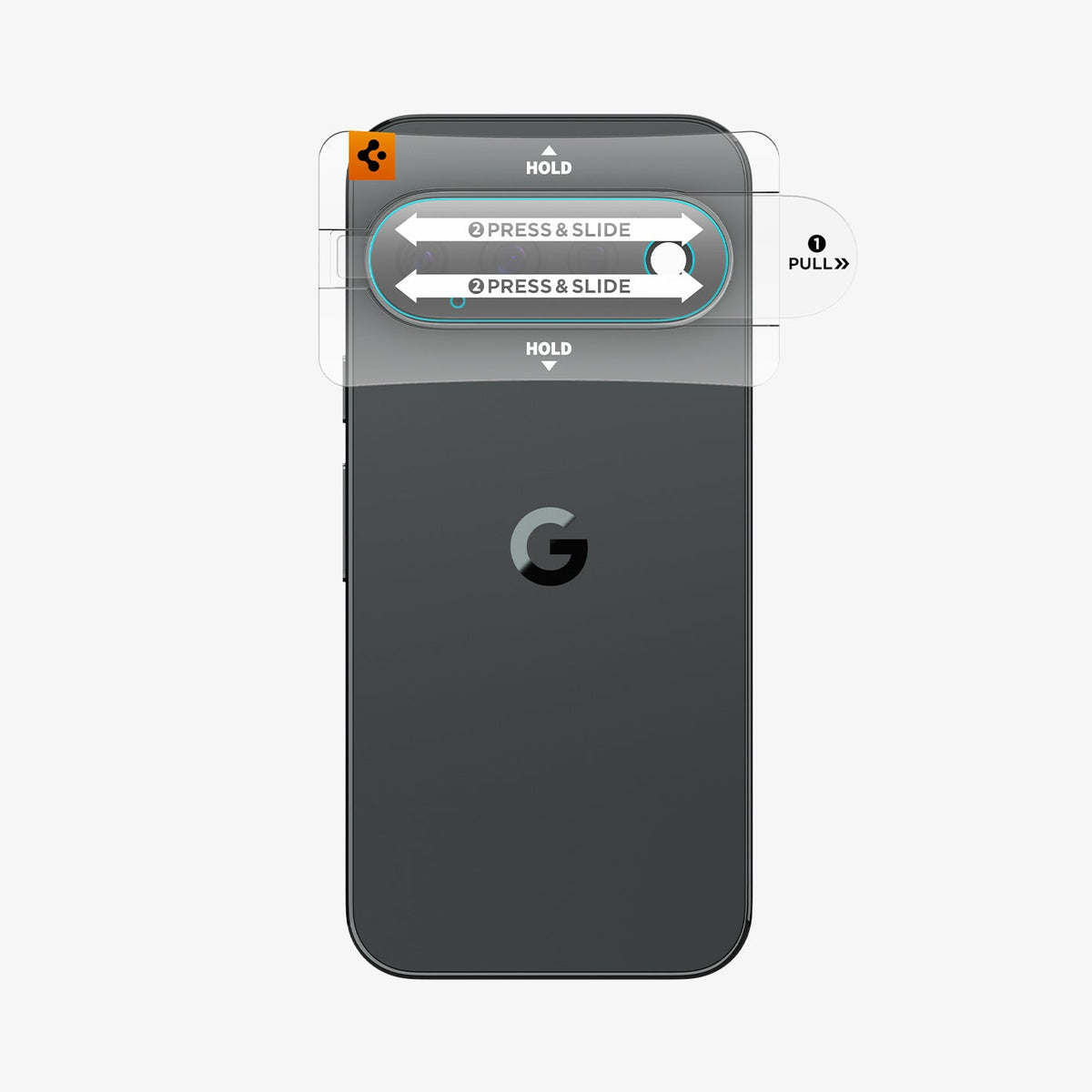 AGL11489 - Pixel 11 Pro XL Optik EZ Fit Lens Protector alignment tray placed over the camera area for guided lens protector installation.