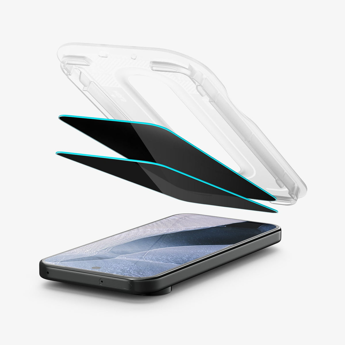 AGL11481 - Pixel 11 Pro GLAS.tR EZ Fit | Privacy exploded view showing the installation tray, privacy glass protectors, and phone