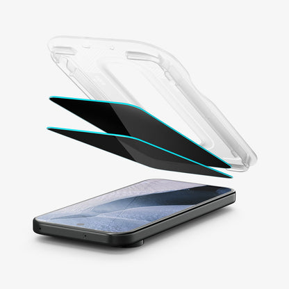 AGL11481 - Pixel 11 Pro GLAS.tR EZ Fit | Privacy exploded view showing the installation tray, privacy glass protectors, and phone