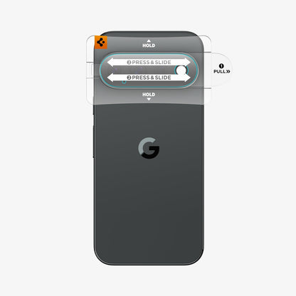 AGL11484 - Pixel 11 Pro Optik EZ Fit Lens Protector alignment tray placed over the camera area for guided lens protector installation.