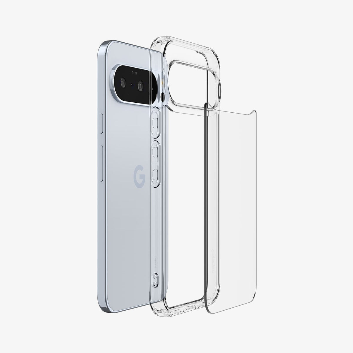 ACS09738 - Pixel 10 Pro XL Case Ultra Hybrid in crystal clear showing the back with case hovering behind device