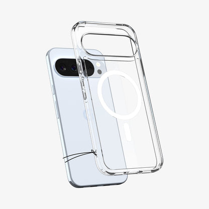 ACS09725 - Pixel 10 Pro XL Case Ultra Hybrid Metal Ring (MagFit) in crystal clear showing the back with case hovering behind device