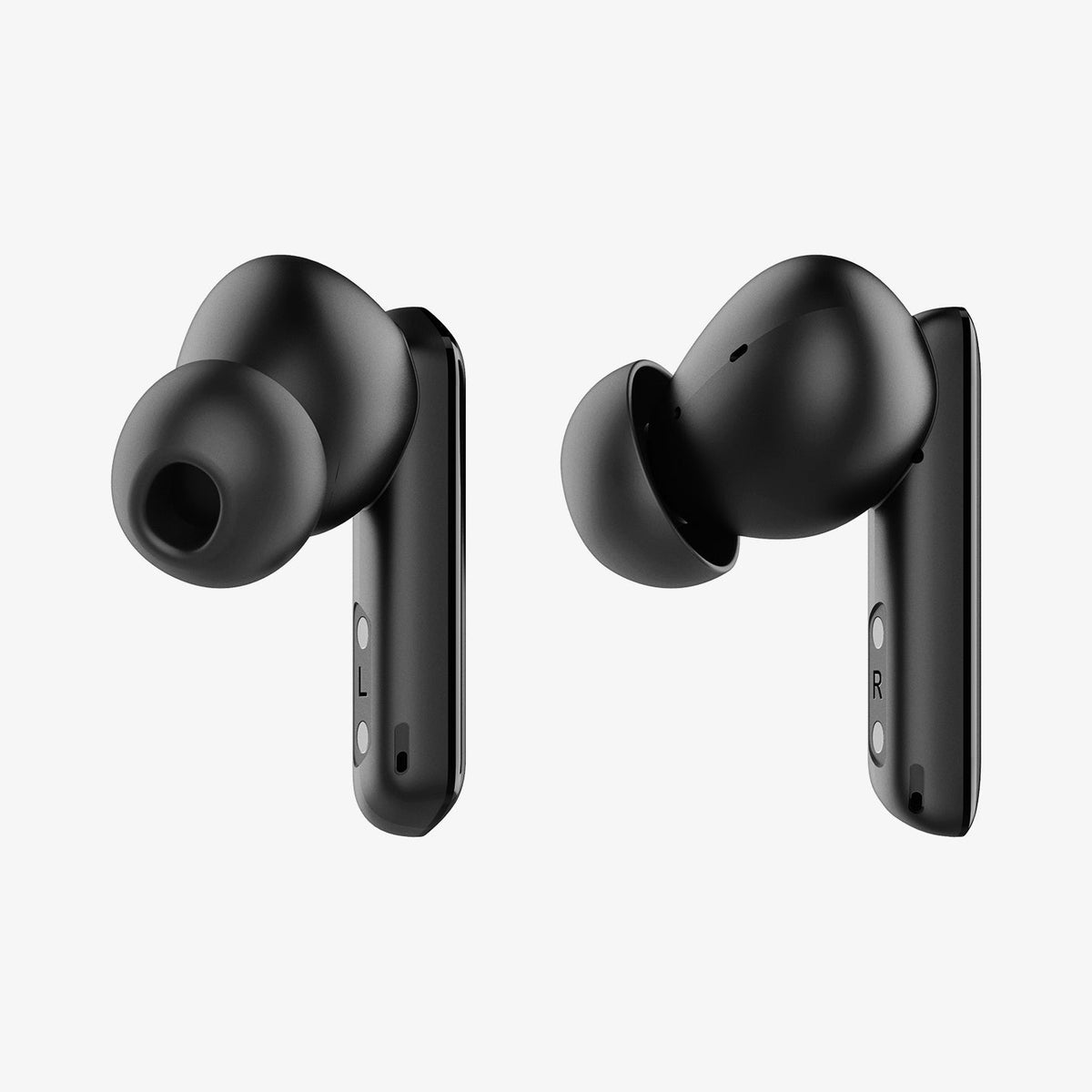 ASD07888 - Spigen True Wireless Earbuds SA2402 in Black showing the front and sides of pair of earbuds