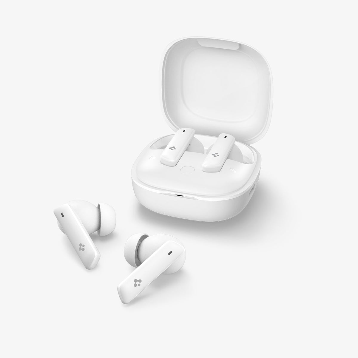 ASD07964 - Spigen True Wireless Earbuds SA2402 in White showing the front and partial bottom with 2 buds inside and 2 on the outside
