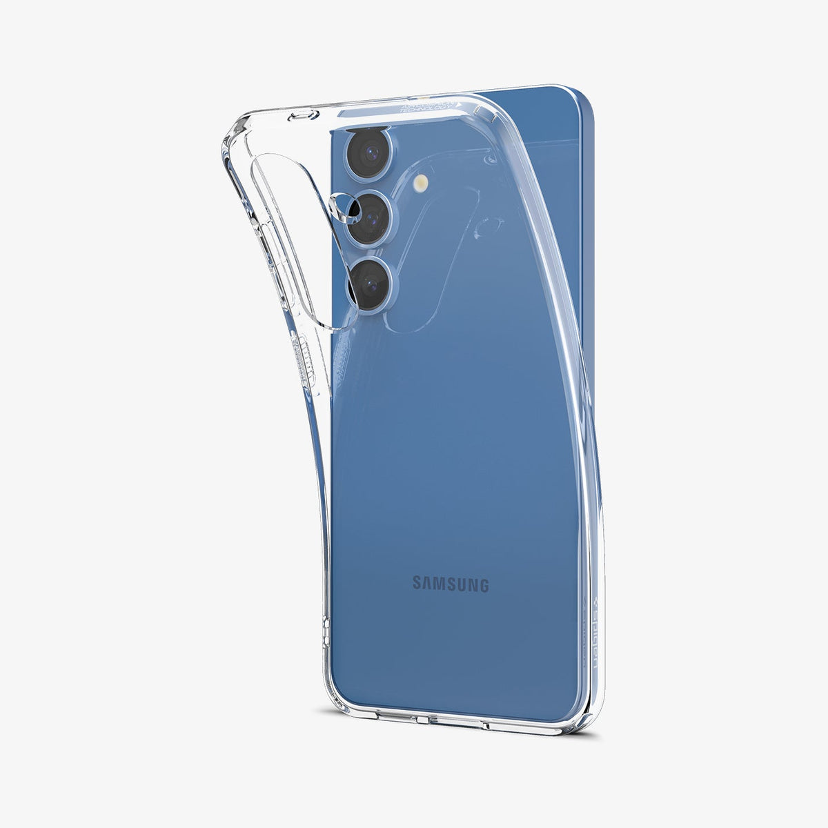 ACS08974 - Galaxy S25 Plus Case Liquid Crystal in Crystal Clear showing the back, partial side with case partially peeled off from the