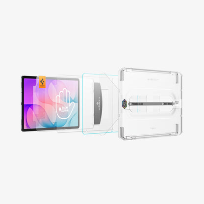AGL11954 - Galaxy Tab S12+ Glas.tR EZ Fit Pro showing the installation tray fitted over the tablet with guided steps for applying the screen protector.