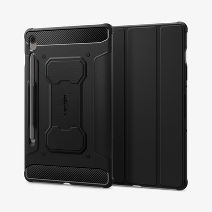 ACS09381 - Galaxy Tab S10 FE+ Case Rugged Armor Pro in Matte Black showing the back and partial front