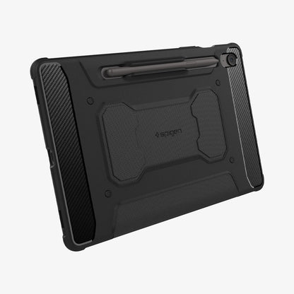 ACS09380 - Galaxy Tab S10 FE Case Rugged Armor Pro in Matte Black showing the back, partial bottom with S Pen attached at the back