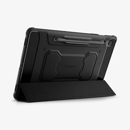 ACS09380 - Galaxy Tab S10 FE Case Rugged Armor Pro in Matte Black showing the back, partial side with front cover converted into a stand