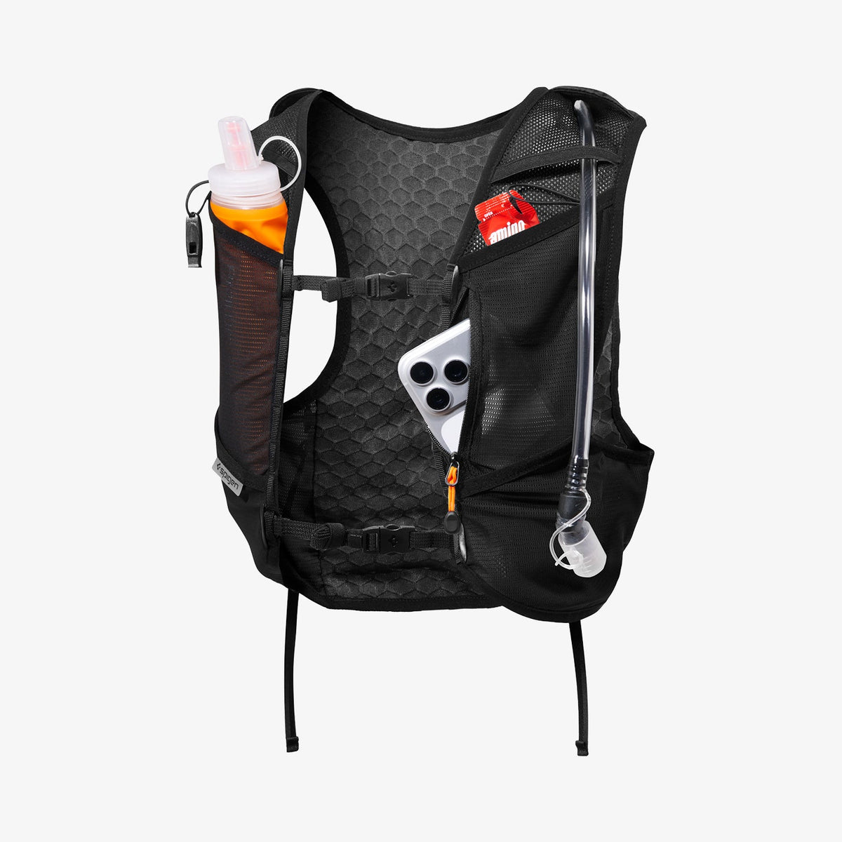 AMP10225 - Dynamic Shield™ Running Vest | A721 L-XL in Black showing the front view with mesh storage pockets holding a soft flask, hydration tube, energy gel, and smartphone.