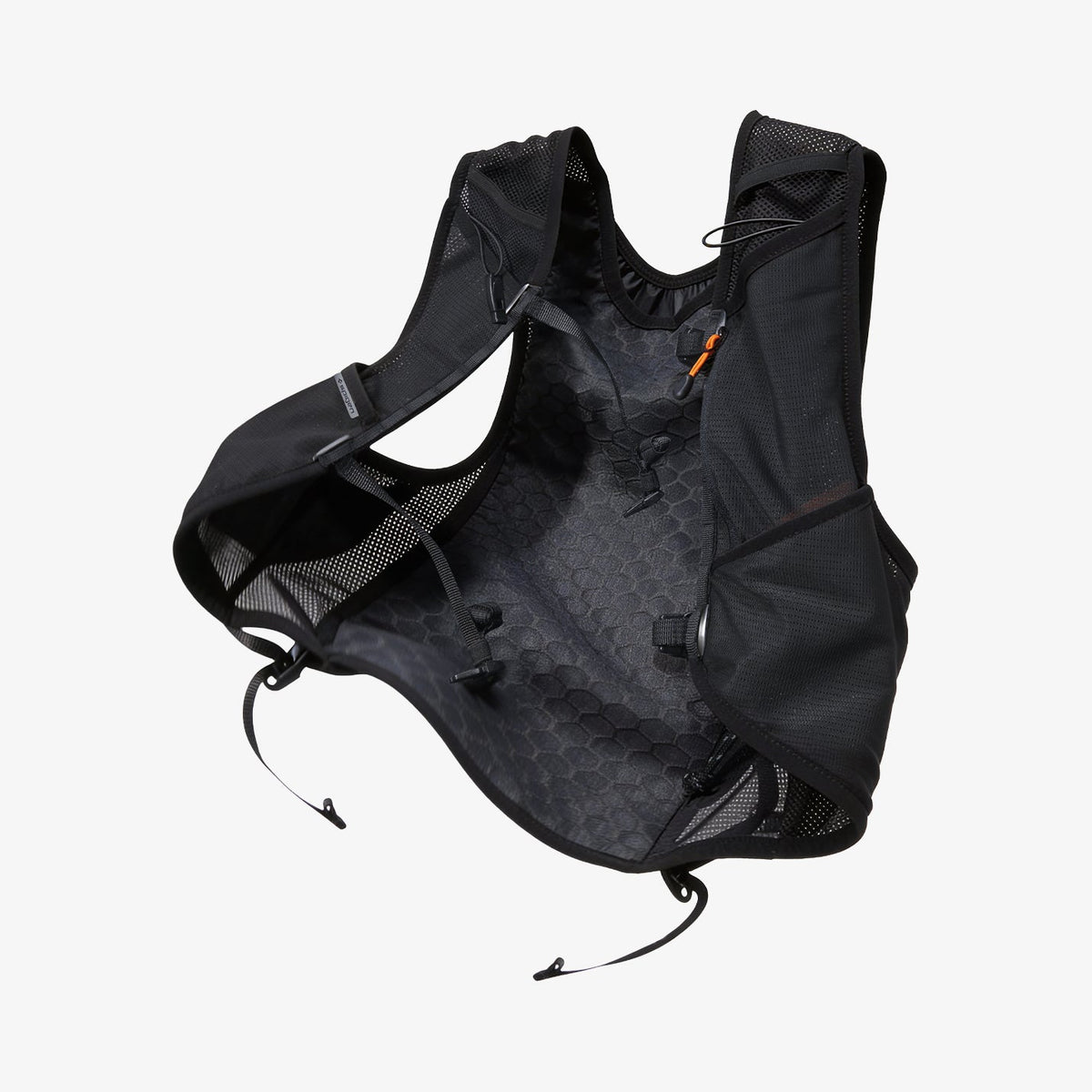 AMP10225 - Dynamic Shield™ Running Vest | A721 L-XL in Black showing the inner back panel, front mesh pockets, and adjustable straps.