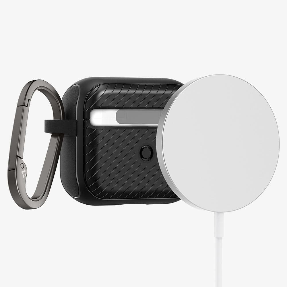 ACS03644 - Airpods 3 Mag Armor in black showing back with magsafe charger hovering away from AirPods