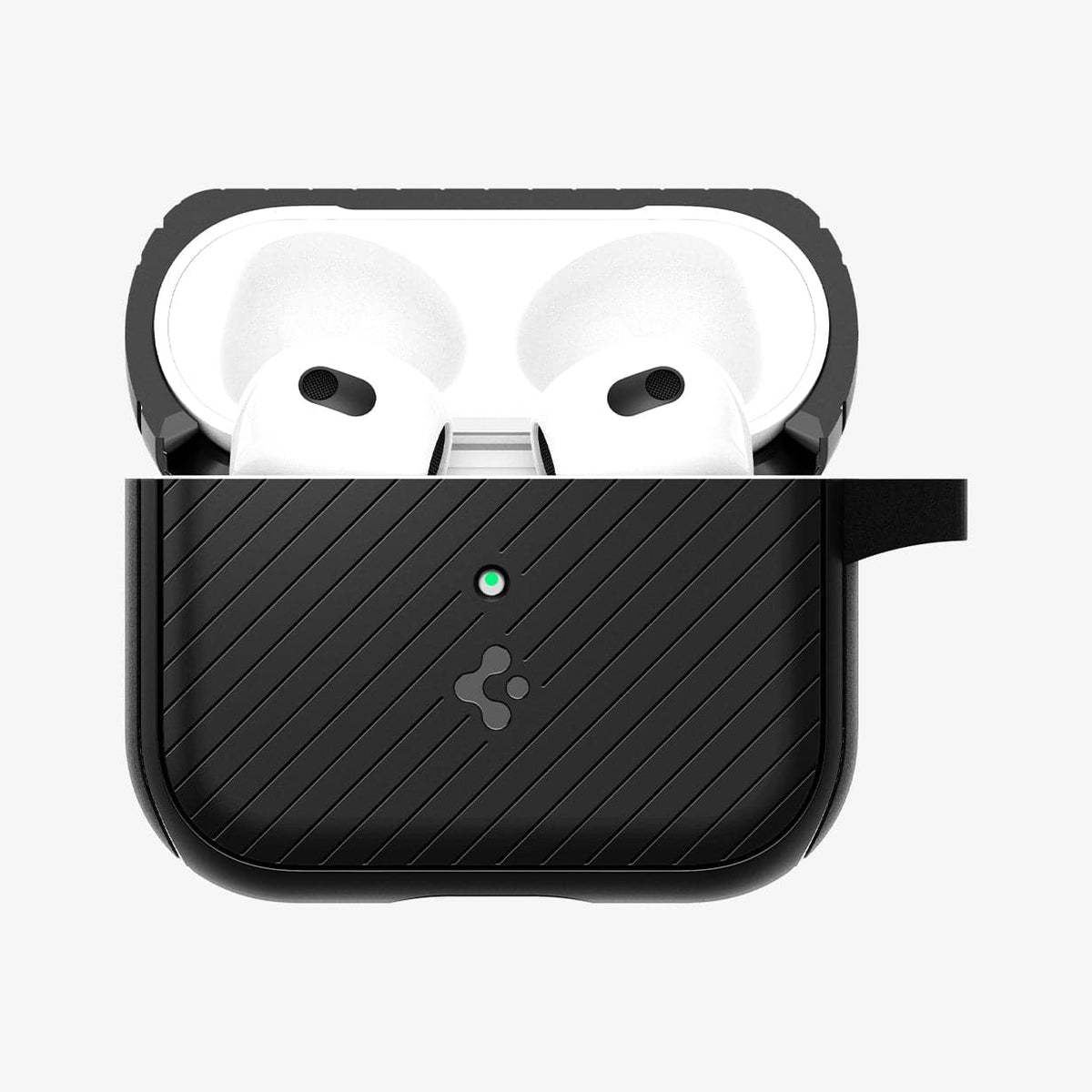 ACS03644 - Airpods 3 Mag Armor in black showing the front with top open and AirPods inside