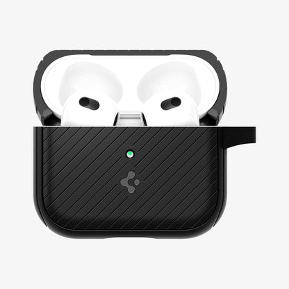 ACS03644 - Airpods 3 Mag Armor in black showing the front with top open and AirPods inside
