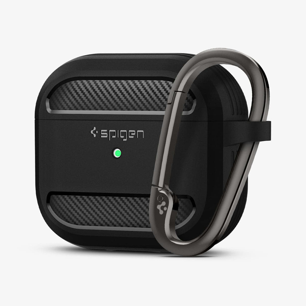 ASD01978 - Apple AirPods 3 Case Rugged Armor in black showing the front and carabiner
