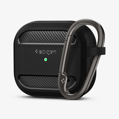 ASD01978 - Apple AirPods 3 Case Rugged Armor in black showing the front and carabiner
