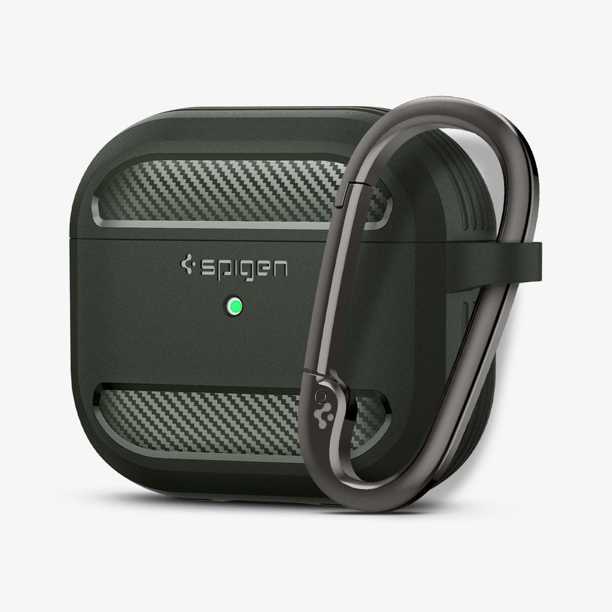 ASD01979 - Apple AirPods 3 Case Rugged Armor in military green showing the front and carabiner