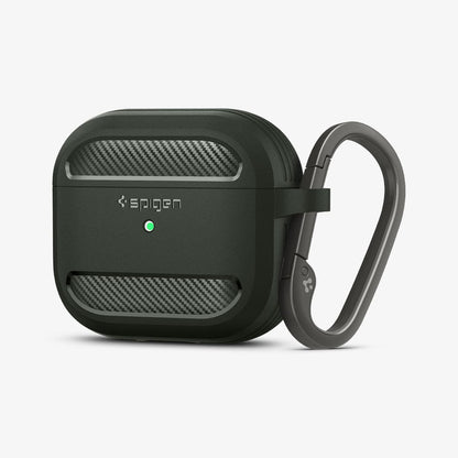 ASD01979 - Apple AirPods 3 Case Rugged Armor in military green showing the front and side with carabiner