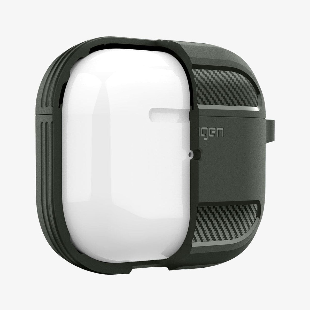 ASD01979 - Apple AirPods 3 Case Rugged Armor in military green showing the front with case cut half open