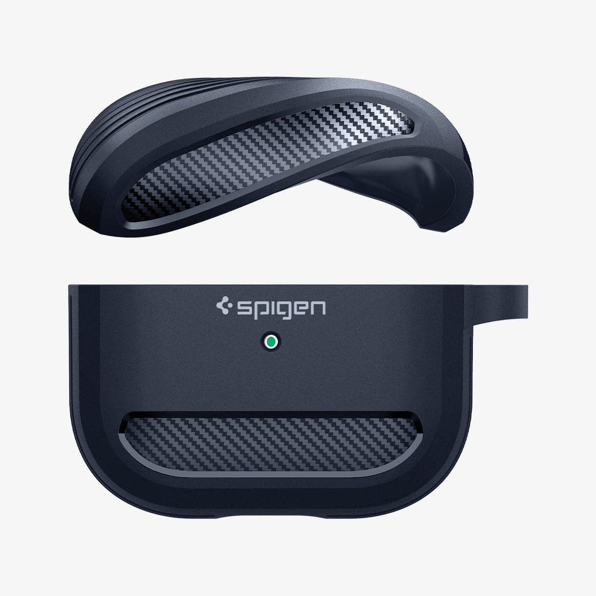 ASD01980 - Apple AirPods 3 Case Rugged Armor in charcoal gray showing the top bending and hovering above the bottom of case