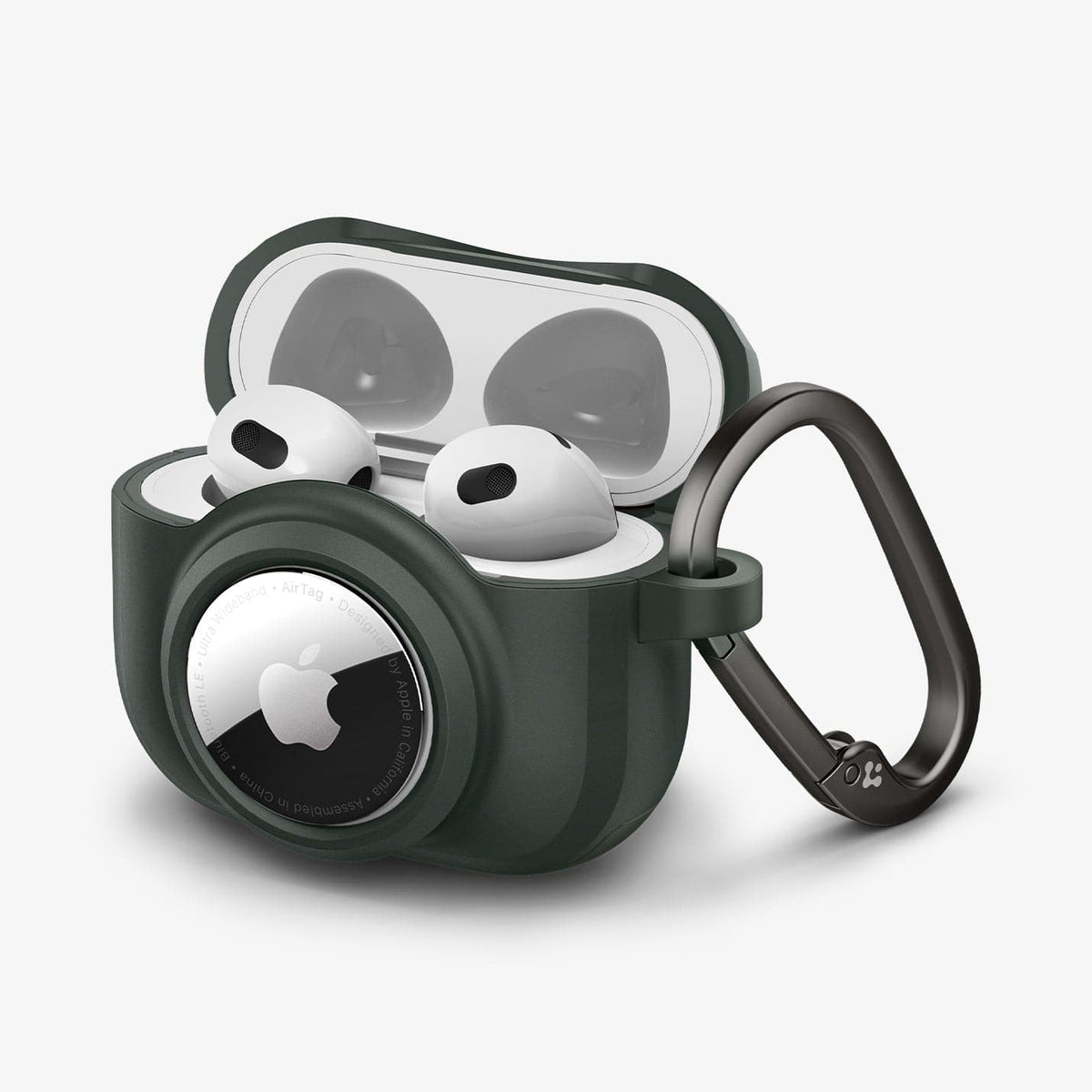 ACS04393 - Apple AirPods 3 Case Tag Armor Duo in military green showing the front, side, carabiner and top open with AirPods inside