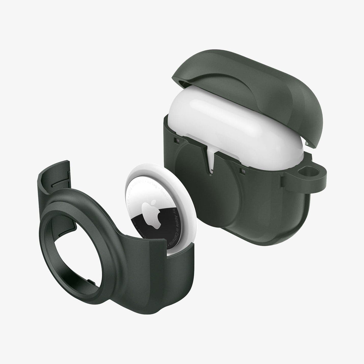 ACS04393 - Apple AirPods 3 Case Tag Armor Duo in military green showing the airtag slot layer and airtag hovering in front of case