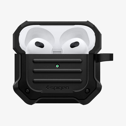 ASD01987 - Apple AirPods 3 Case Tough Armor in black showing the front with top open and AirPods inside