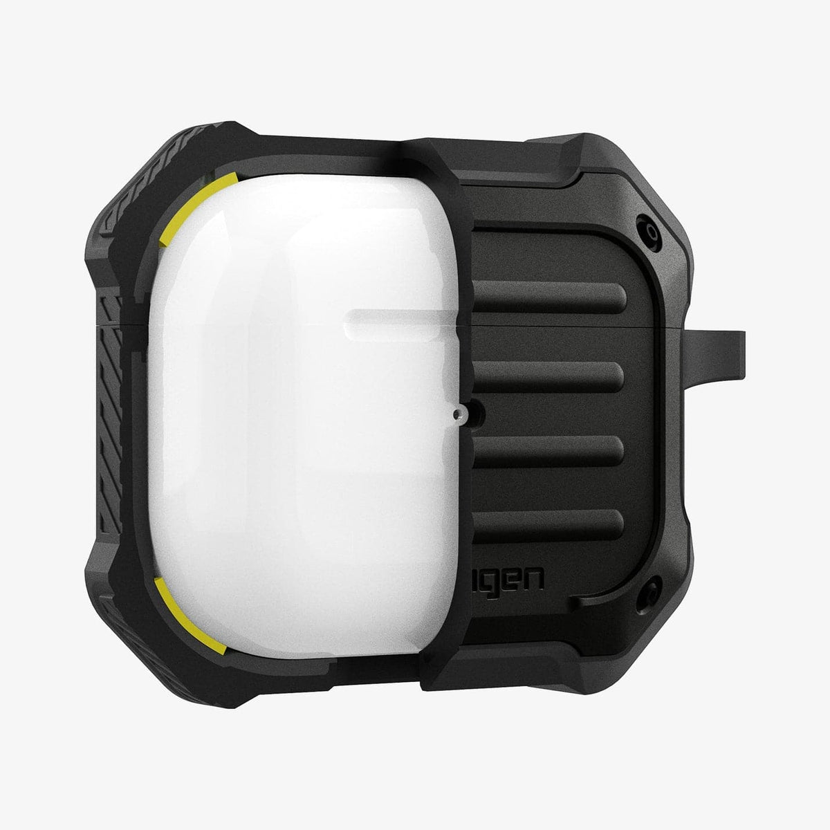 ASD01987 - Apple AirPods 3 Case Tough Armor in black showing the front with case cut half open