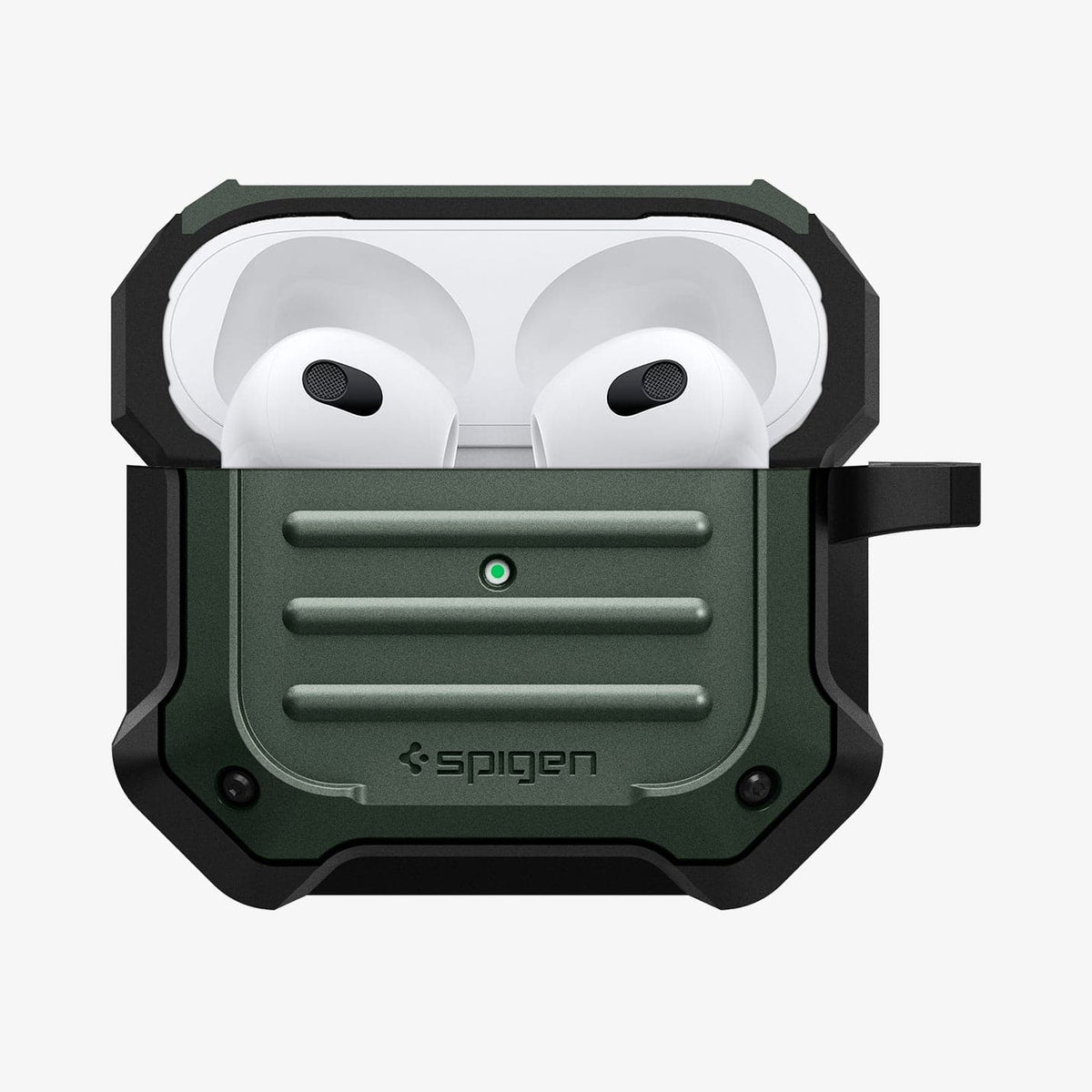 ASD01988 - Apple AirPods 3 Case Tough Armor in military green showing the front with top open and AirPods inside