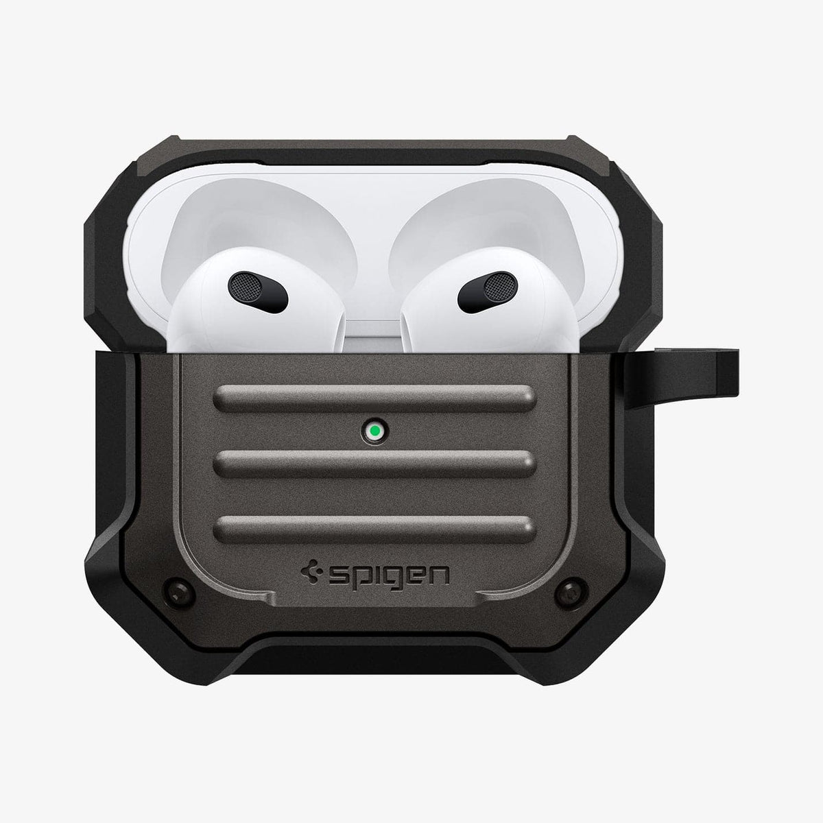 ASD01989 - Apple AirPods 3 Case Tough Armor in gunmetal showing the front with top open and AirPods inside