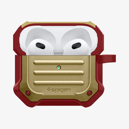 ASD02997 - Apple AirPods 3 Case Tough Armor in metallic gold showing the front with top open and AirPods inside