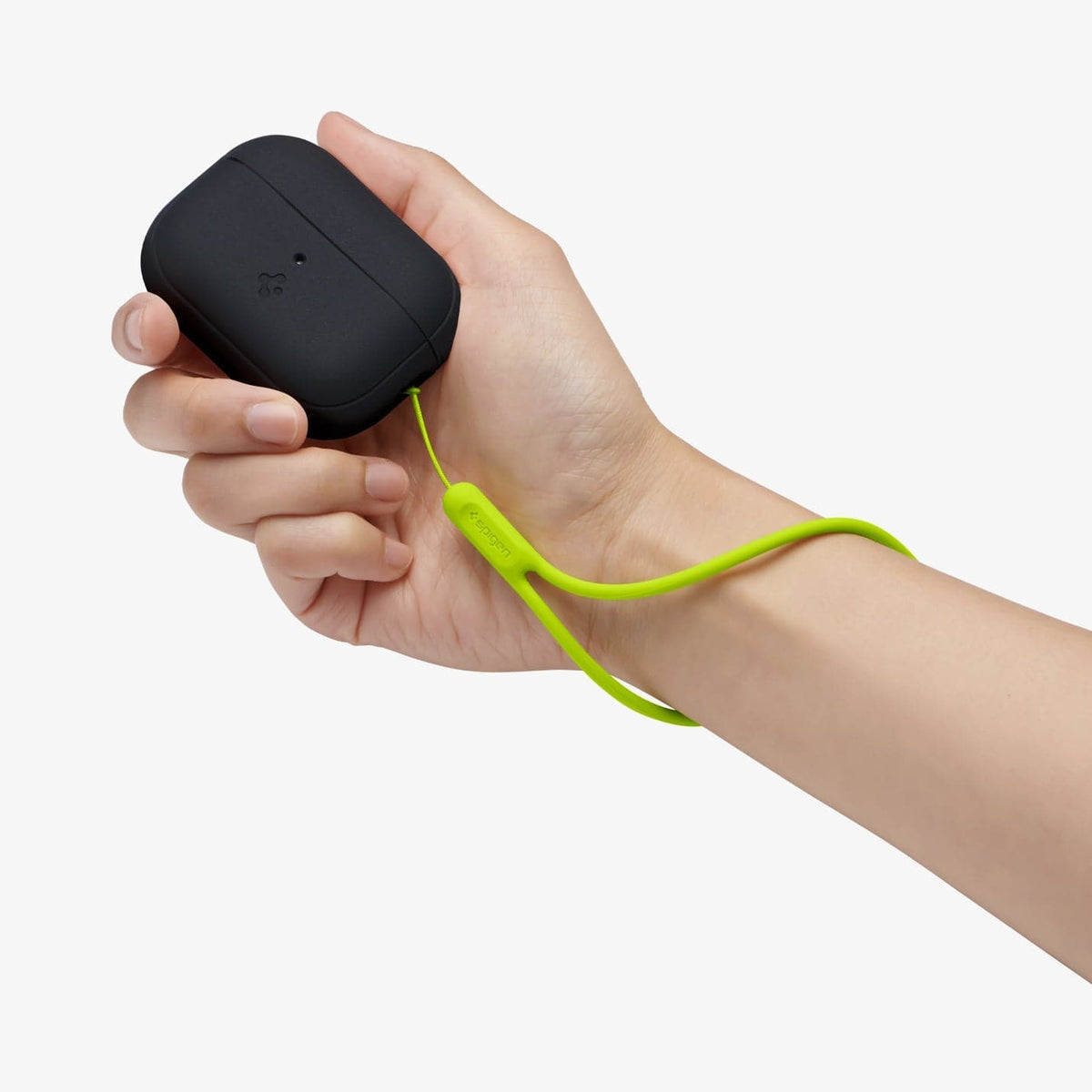 ACS05810 - Apple AirPods Pro 2 Case Silicone Fit + green strap showing the AirPods in someone's hand and strap around their wrist