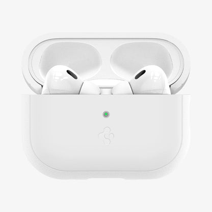 ACS05811 - Apple AirPods Pro 2 Case Silicone Fit + strap in white showing the front with top open and AirPods inside