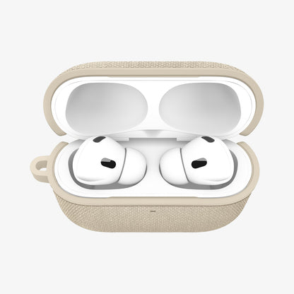 ACS10020 - AirPods Pro 3 Series Urban Fit in Dune Beige showing the front with top open and AirPods inside