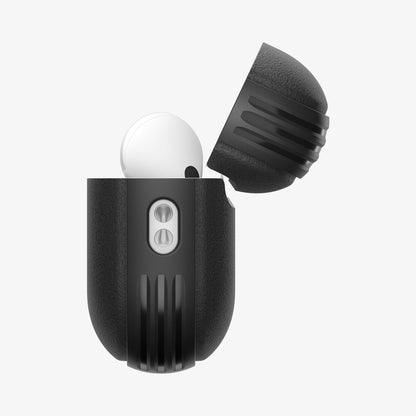 ACS09826 - AirPods Pro 3 Spigen Vault in Matte Black showing the side with top open and AirPods inside