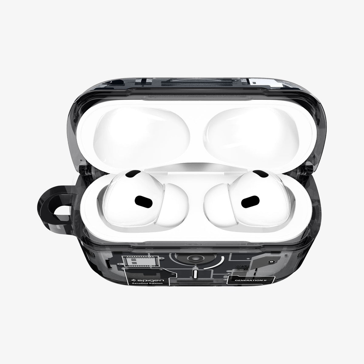 ACS09823 - AirPods Pro 3 Series Ultra Hybrid Zero One (MagFit) in Zero One Black showing the front with top open and AirPods inside