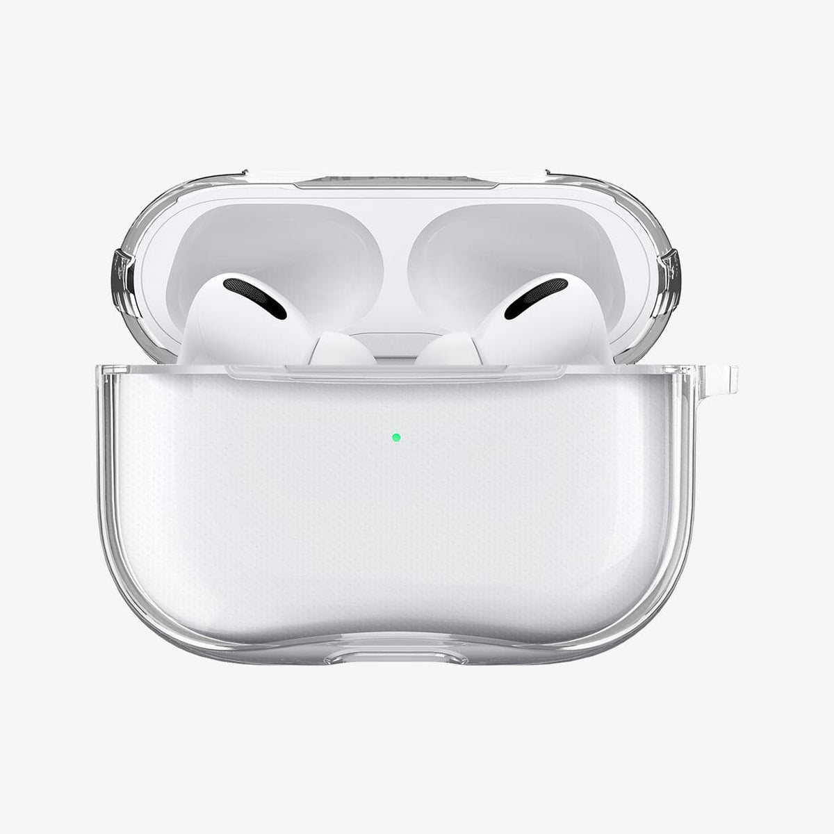 ASD00541 - Apple AirPods Pro Case Ultra Hybrid in crystal clear showing the front with top open and AirPods inside