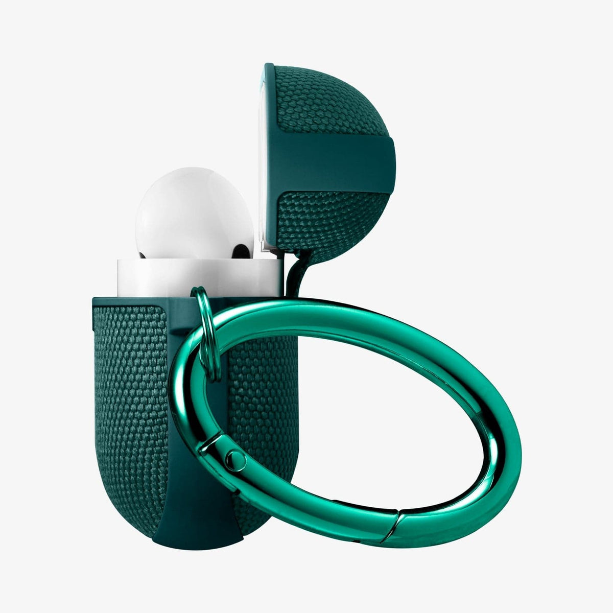 ASD00825 - Apple AirPods Pro Case Urban Fit in midnight green showing the side, carabiner and top open with AirPods inside