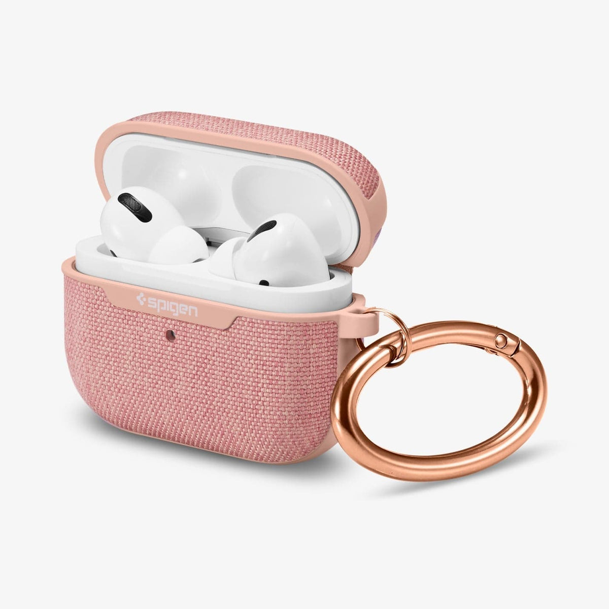 ASD00575 - Apple AirPods Pro Case Urban Fit in rose gold showing the front, side, carabiner and top open with AirPods inside