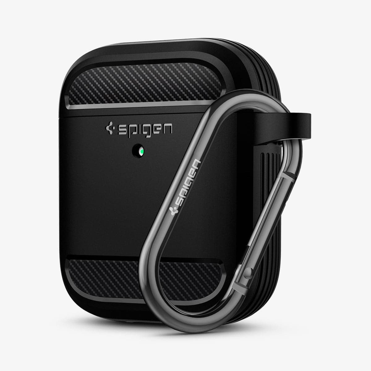 ASD01117 - Apple AirPods 1 / 2 Case Rugged Armor in matte black showing the front and side with carabiner