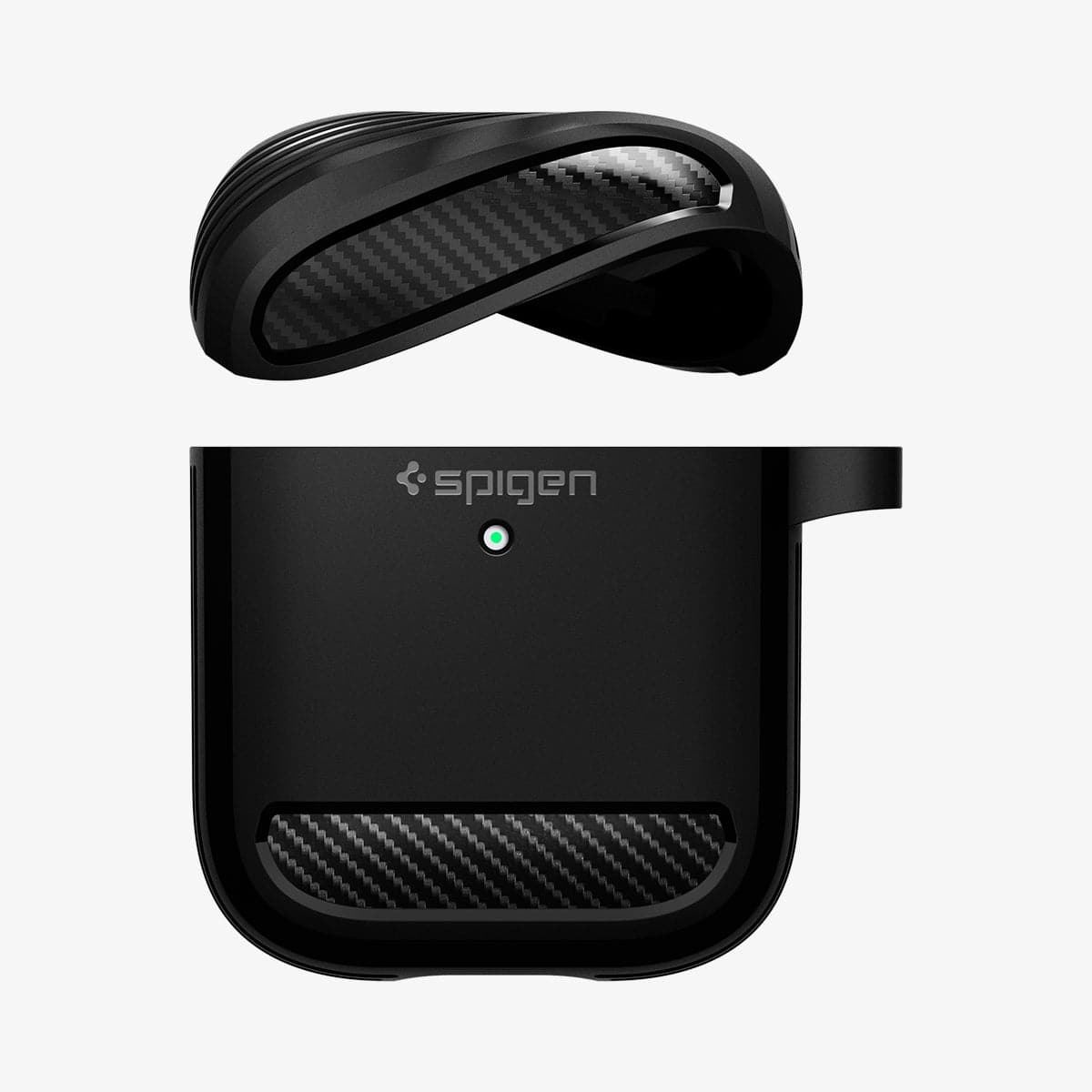 ASD01117 - Apple AirPods 1 / 2 Case Rugged Armor in matte black showing the top of case bending and hovering above bottom of case