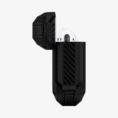 074CS26497 - Apple AirPods 1 / 2 Case Tough Armor in black showing the side with top open and AirPods inside